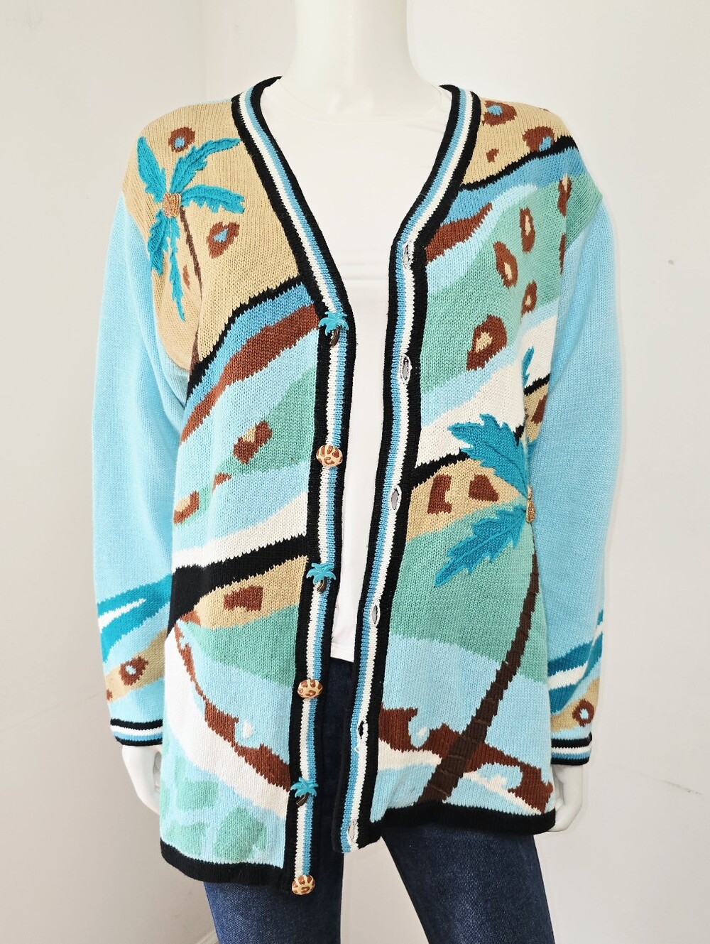 Storybook Knits Cardigan Sweater Tropical Blue Leopard Beaded Teacher Size L